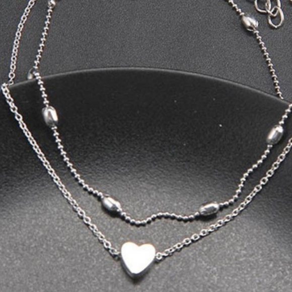 Silver Heart Ball Chain Dainty Layered Anklet - Picture 2 of 3